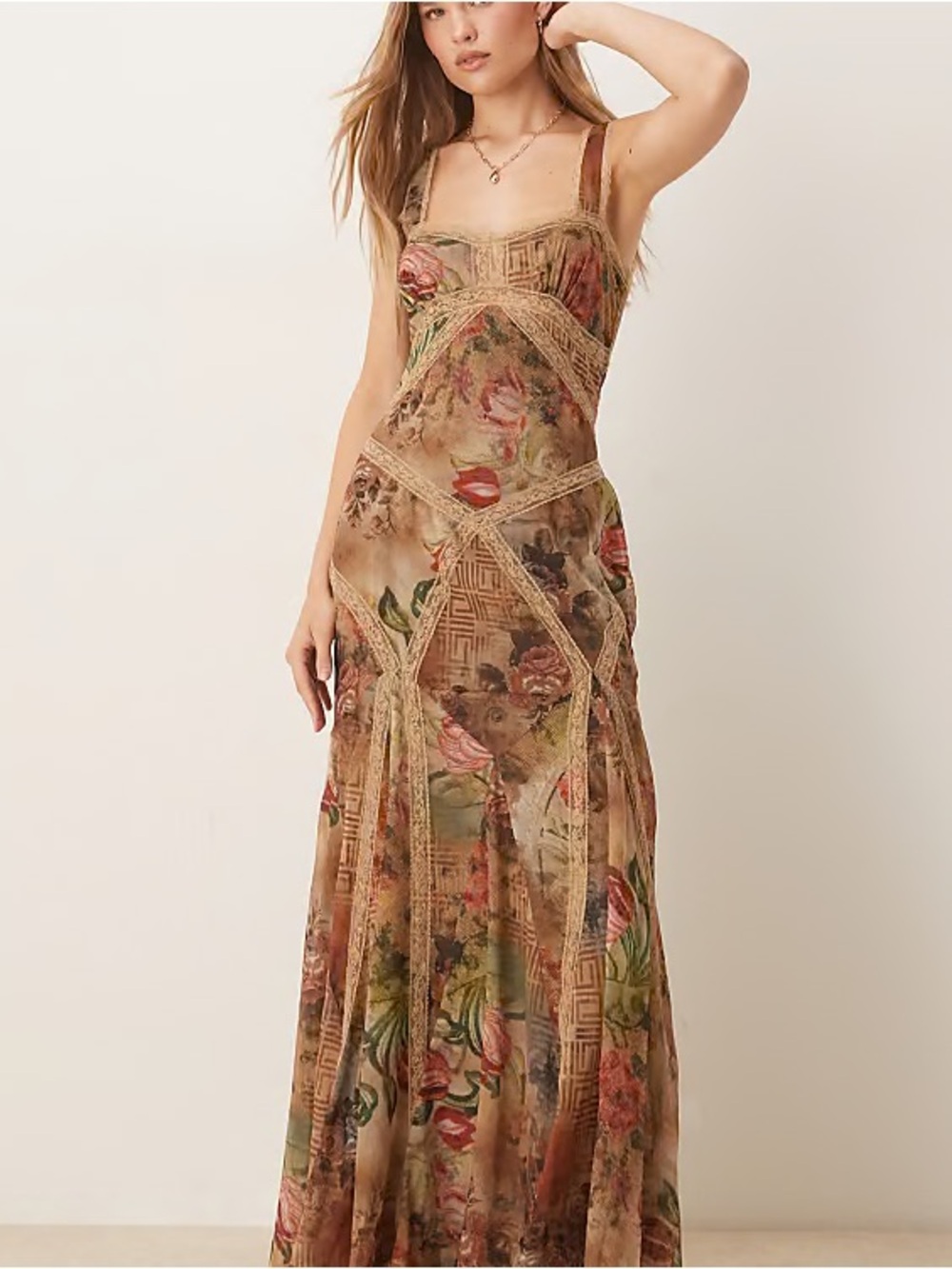 ASOS Floral Lace-Panel Maxi Dress in Beige and Rose